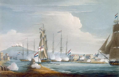 Eroberung des Hafens von Curacoa, Niederländische Ostindien, graviert von J. Bailey für 